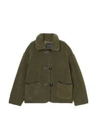 Giacca di lana verde oliva con una texture morbida, design corto, colletto arrotondato, bottoni a toggles e due tasche frontali con accenti in piping neri.