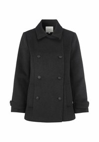 Zwarte wolmix pea coat met een dubbelgebreide voorkant, grote knopen en opgerolde manchetten. Kenmerkt zich door een brede, gelapte kraag en zijzakken.
