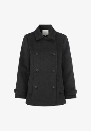 Schwarzer Wollmischung-Peacoat mit doppelter Knopfreihe, großen Knöpfen und umgeschlagenen Bündchen. Verfügt über einen breiten, eingeknipsten Kragen und seitliche Taschen.