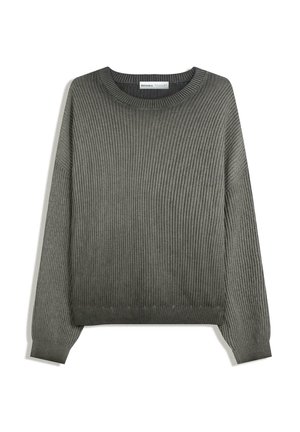 Green ribbed knit sweater with a round neckline and long sleeves, featuring a relaxed fit and textured fabric pattern.