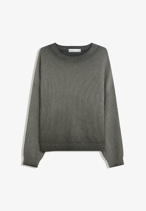 Groene ribgebreide trui met een ronde halslijn en lange mouwen, voorzien van een losse pasvorm en een gestructureerd stoffenpatroon.
