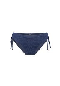 Dunkelblauer Bikini-Unterteil mit einem strukturierten Chevron-Muster, seitlichen Bindebändern und einer glatten Oberfläche. Verstellbare Bänder für eine anpassbare Passform.
