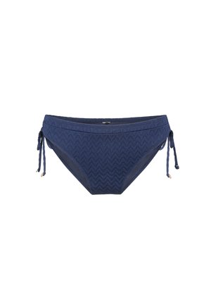 Marineblauwe bikini onderbroek met een gestructureerd chevronpatroon, zijknoopjes en een gladde afwerking. Verstelbare knopen voor een aanpasbare pasvorm.