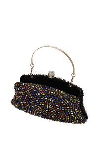 Gyöngyözött alkalmi táska fekete szövetből, színes strasszkövekkel díszítve, forgó mintázatban. Fém fogantyúval és kapoccsal rendelkezik.
