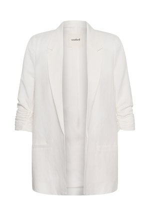 White open-front blazer with ruched three-quarter sleeves and notched lapels, featuring two front pockets and a "soaked" label inside the collar.