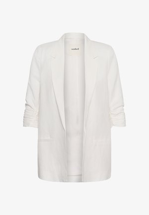 Biely otvorený blejzer s riasenými trojštvrťovými rukávmi a výrezmi na klopách, so dvoma prednými vreckami a štítkom "soaked" vo vnútri goliera.