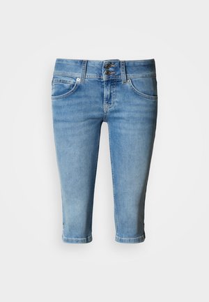 Pantaloni capri din denim albastru deschis, cu talie medie, două buzunare frontale și tiv răsucit. Dispune de două închideri cu nasturi la talie.