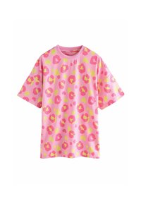 Camiseta de manga corta rosa con un patrón de manchas en rosa brillante y amarillo. Hecha de una tela suave con un escote redondo y un corte relajado.