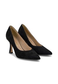 Décolleté neri in suede con tacco alto, punta affusolata e un design del tacco geometrico unico. L'interno presenta una fodera di un beige chiaro.