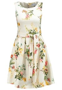 Vestido sin mangas en tejido color crema, con la cintura ceñida y una falda acampanada decorada con coloridos patrones de flores.