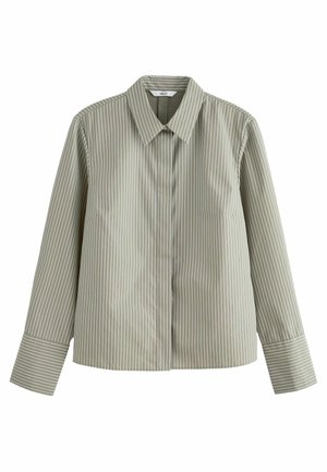 Beiges langärmeliges Hemd mit dünnen weißen vertikalen Streifen, spitzem Kragen, verdeckter Knopfleiste vorne und breiten Manschetten.