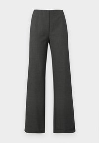 Γκρι παντελόνι με φαρδιά γραμμή και λεία υφή, με ψηλή μέση και χωρίς ορατά κούμπωμα ή τσέπες.