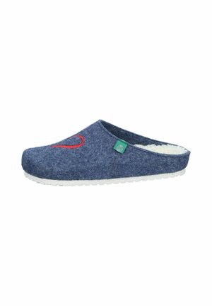 Gray felt slipper with a soft white lining, slip-on design, red curved accent, and green tag. White rubber sole with textured surface.
