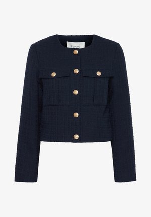 Marineblauwe cropped jas van textiel met een gestructureerde stof, met gouden knopen, twee borstzakken en een ronde halslijn.