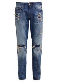 Ljusblå denimjeans med slim fit, som har slitna områden och fransade fållar. Femfickorsdesign med en medelhög midja.