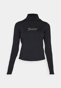 Black long-sleeve turtleneck top made of soft material, featuring a “Juicy” logo in rhinestones on the front. Fitted design.