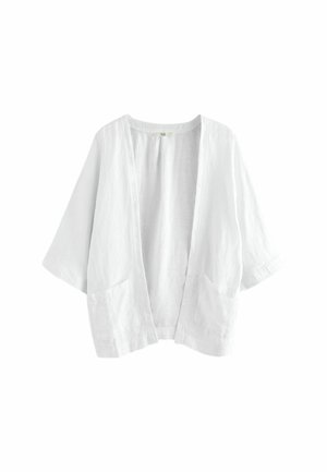 White linen open-front kimono jacket with wide sleeves and two front pockets; lightweight, textured, and relaxed fit design.
