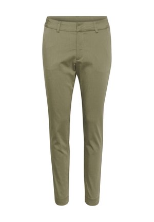 Green, slim-fit trousers with a smooth texture, featuring a flat front, accented pockets, and tapered legs, designed for a modern look.