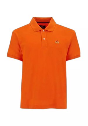 Feloranje poloshirt met korte mouwen, twee knopen en een klein geborduurd logo op de linkerborst.