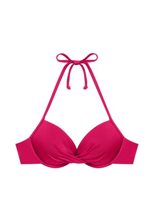 Bright pink halter bikini top with padded cups and a twist detail at the center front.