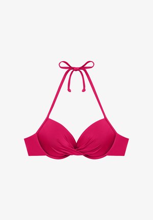 Jaskraworóżowy top od bikini typu halter z wyściełanymi miseczkami i detalem skrętu na środku przodu.