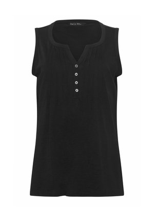 Schwarze ärmellose Bluse mit V-Ausschnitt, vier Knöpfen vorne und dezenten vertikalen Falten auf der Brust.