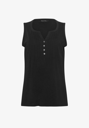 Schwarze ärmellose Bluse mit V-Ausschnitt, vier Knöpfen vorne und dezenten vertikalen Falten auf der Brust.