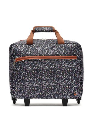 Rolling suitcase with a dark floral pattern, made of durable fabric. Features a brown zippered pocket and dual sturdy handles.