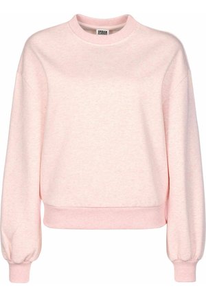 Jasnoróżowa bluza z okrągłym dekoltem, długimi bufkami na rękawach, ściągaczami na mankietach i u dołu, z napisem "Urban Classics" wewnątrz kołnierza.