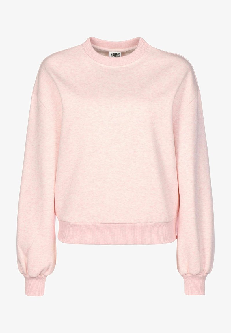 Sweat-shirt rose clair à col rond avec manches longues bouffantes, poignets et ourlet côtelés, étiquette "Urban Classics" à l’intérieur du col.