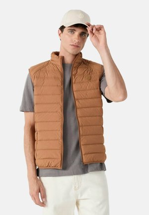 Gilet imbottito marrone con collo alto, cerniera frontale e dettaglio logo. Indossato sopra una t-shirt grigia, abbinato a un berretto chiaro. Materiale leggero e strutturato.