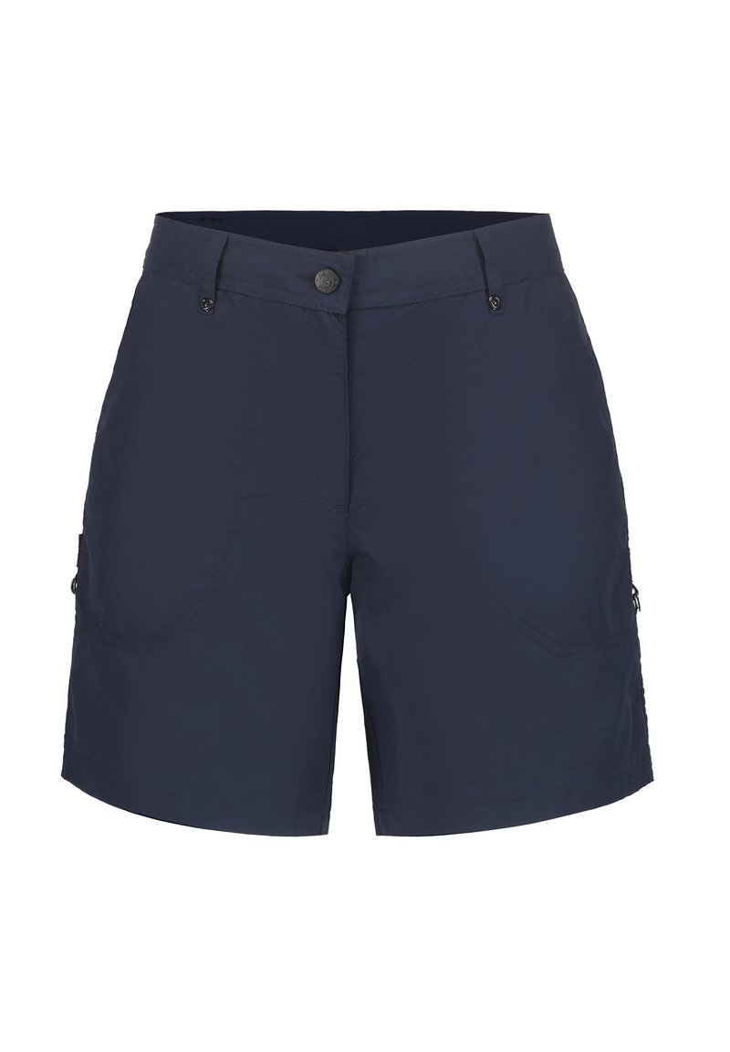 Marina blå cargoshorts tillverkade av lätt material, med knappstängning, sidofickor och subtilt strukturerat mönster.