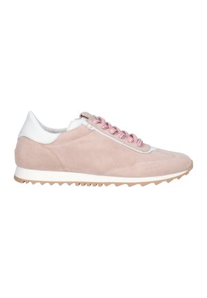 Pink suede running shoe with white accents, textured surface, and pink laces. Features a white sole with a zigzag pattern for traction.