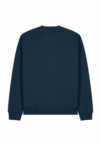 Felpa blu navy con collo rotondo, maniche lunghe raglan, polsini e orlo a coste. Tessuto liscio, senza motivi o decorazioni visibili.