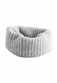 Letto per animali in maglia grigia con forma rotonda, texture a coste e materiale in morbido poliestere. Progettato per comfort e supporto.