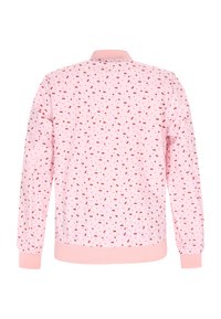 Lichtroze sweatshirt met kleine rode kersenprint. Heeft een geribbelde kraag en manchetten, met een iets elastische zoom. Zachte, gladde textuur.