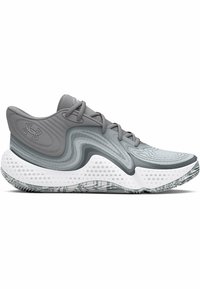 Gray athletic shoe with a textured overlay, rubber sole, and rounded design. It features a patterned white midsole with ventilation holes and laces.
