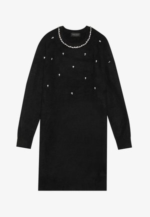 Maglione nero a maglia con maniche lunghe, caratterizzato da un collo rotondo decorato con un bordo simile a perle e accenti di perle sparse in tutto il capo.