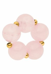 Cirkulaire ring met lichtroze kralen met een gladde textuur, accenten van kleine gouden metalen spacers tussen de kralen.
