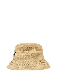 Naturaalse värviga kootud õlgi kaussmüts laiade äärega ja musta tikandiga tekst küljes. Omab tekstuurset viimistlust.