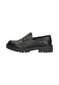 Zwarte leren loafers met een ronde neus, voorzien van een gestikte accent en een dikke, ribbelige rubbere zool voor duurzaamheid. Overal een zachte textuur.
