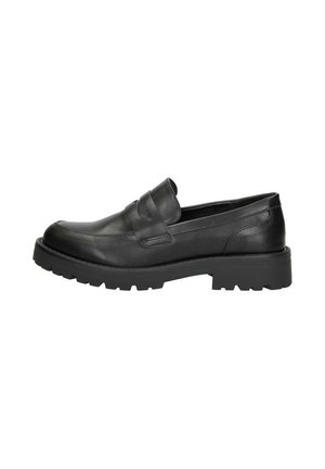 Zwarte leren loafers met een ronde neus, voorzien van een gestikte accent en een dikke, ribbelige rubbere zool voor duurzaamheid. Overal een zachte textuur.