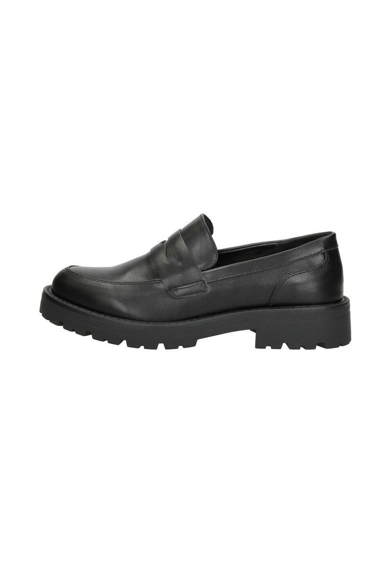 Zwarte leren loafers met een ronde neus, voorzien van een gestikte accent en een dikke, ribbelige rubbere zool voor duurzaamheid. Overal een zachte textuur.