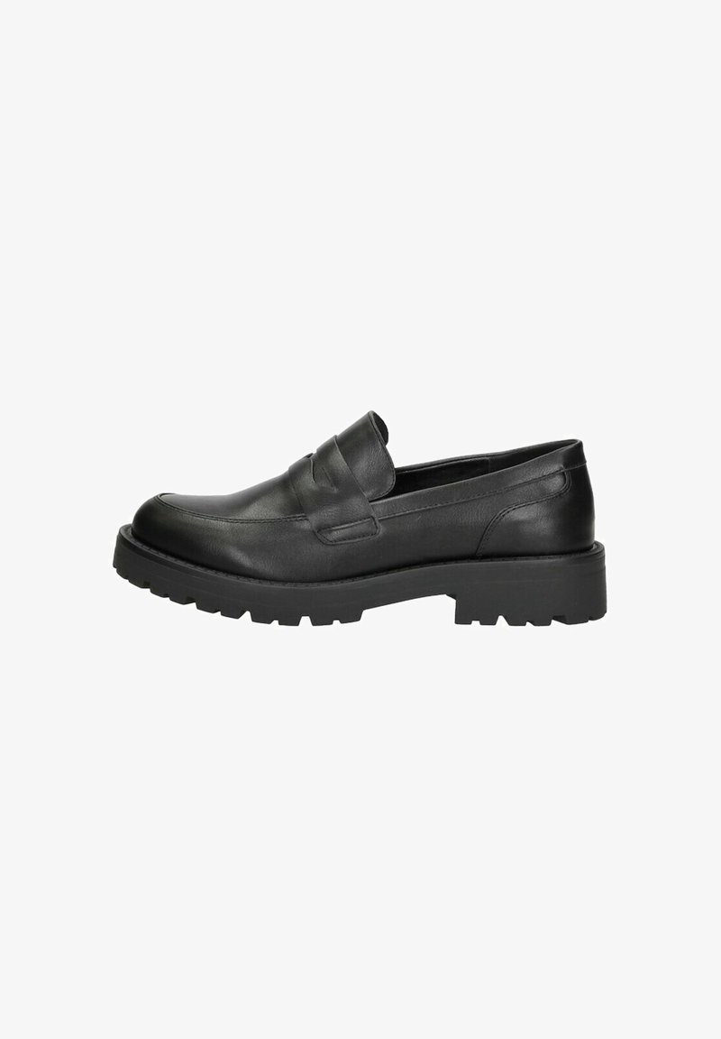 Zwarte leren loafers met een ronde neus, voorzien van een gestikte accent en een dikke, ribbelige rubbere zool voor duurzaamheid. Overal een zachte textuur.
