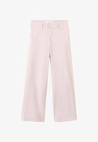 Pantalones de pierna ancha color rosa claro con cierre frontal de botones y cremallera, trabillas para cinturón y detalles de costuras curvas cerca de las caderas.