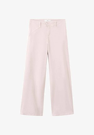 Svetloružové široké nohavice s predným zapínaním na gombík a zips, pútkami na opasok a zaoblenými švami pri bokoch.