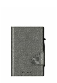Metallic gray wallet with a textured finish, featuring a logo accent, curved edges, and a sleek design for card storage.