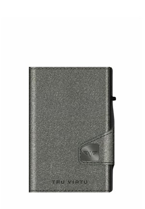 Metallic gray wallet with a textured finish, featuring a logo accent, curved edges, and a sleek design for card storage.