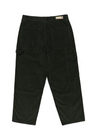 Groene corduroy broek met een relaxte pasvorm, voorzien van twee achterzakken en één zijvak. Gladde textuur met een licht glanzende afwerking.