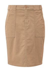 Beige katoenen rok met een slim fit, voorzien van twee voorzakken, een knoopsluiting en subtiele stikdetails op de zoom en naden.